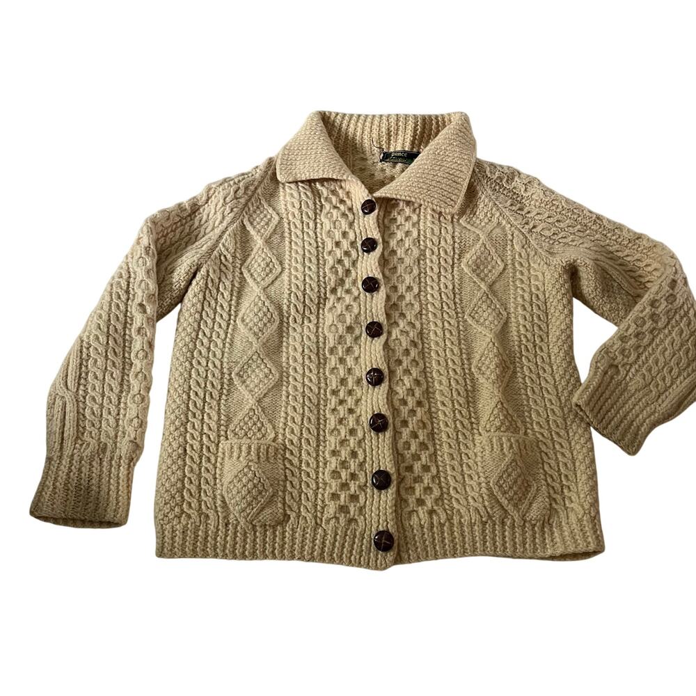 Cream 100% Wool Handknit Irish Fisherman Cardigan Sweater Wmns OS